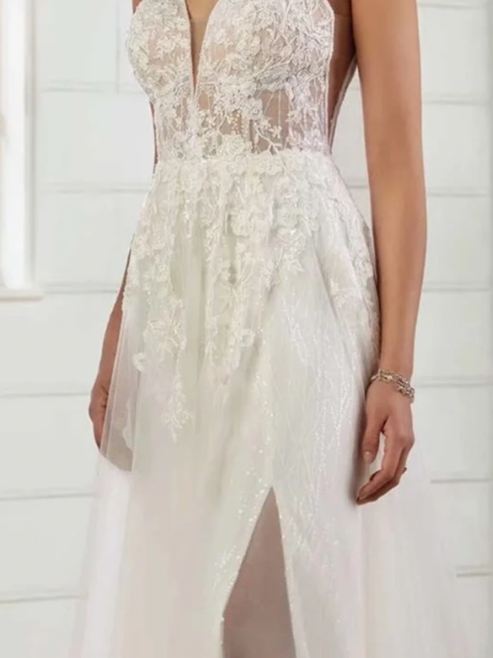 Ivory Lace Appliqué Bridal Gown with Sheer Bodice and Front Slit